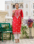 Kaajh Women's Red Chikhankari Embroidered Kurta Pant Set