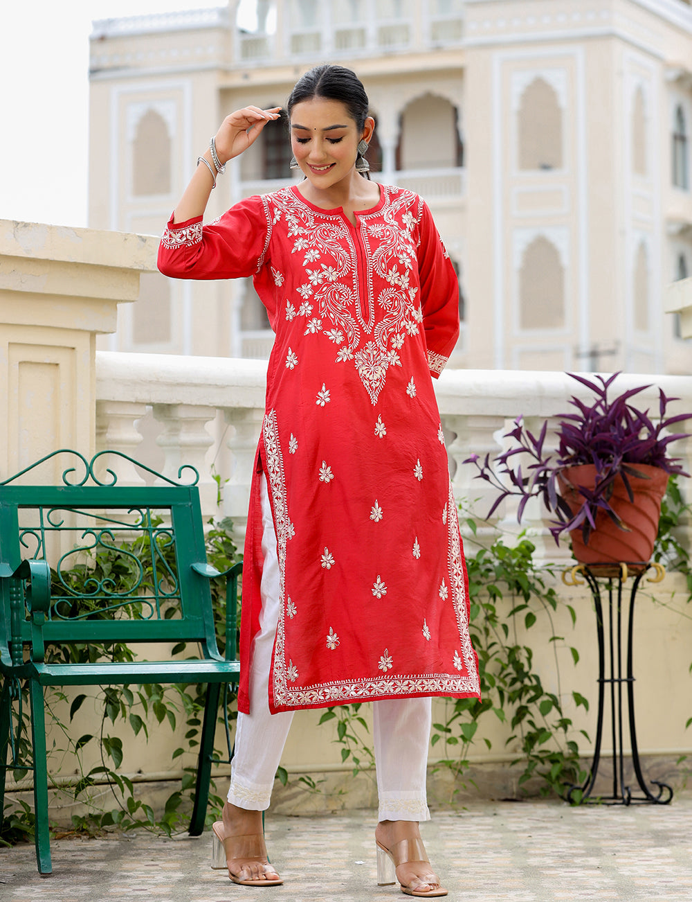 Kaajh Women's Red Chikhankari Embroidered Kurta Pant Set