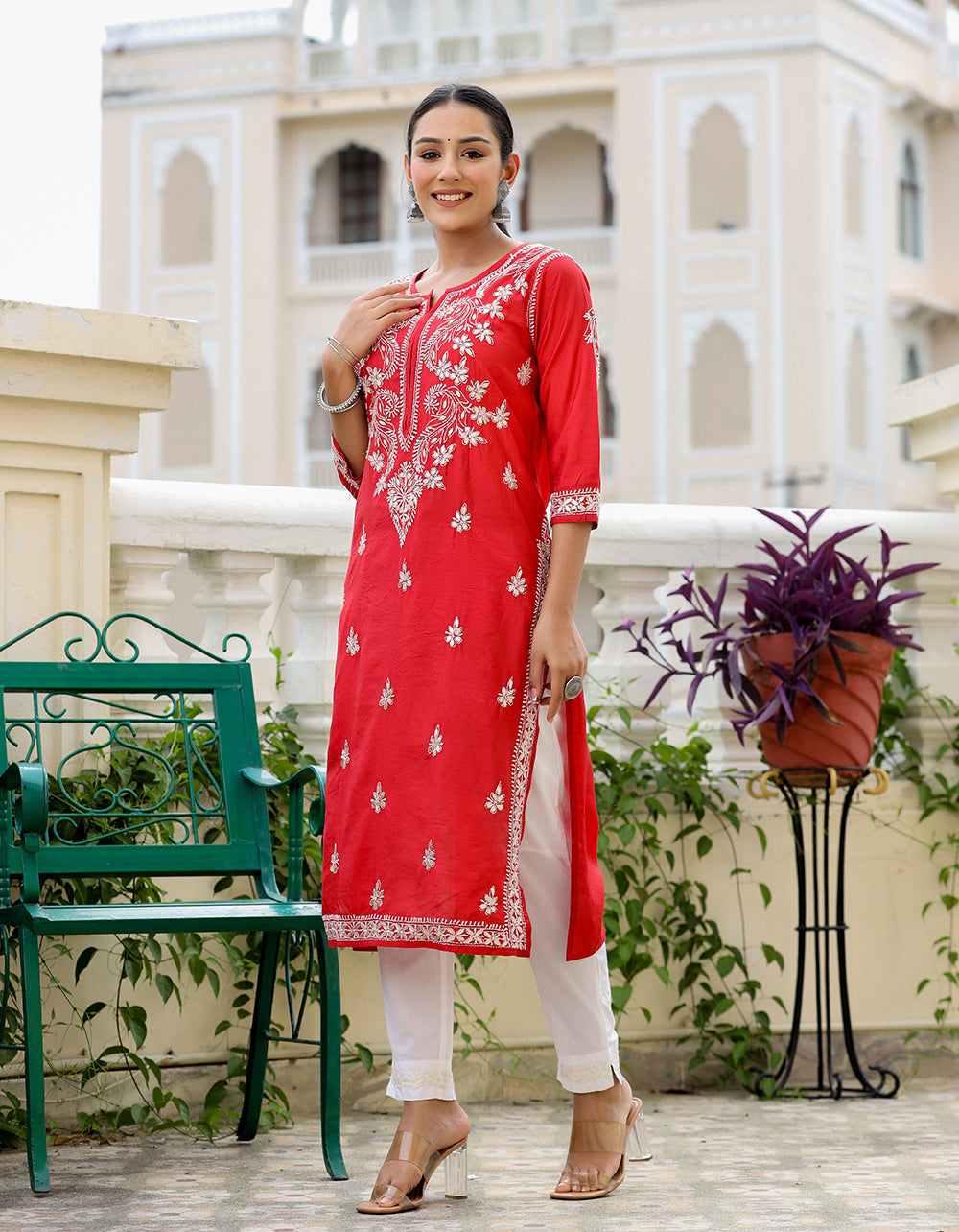 Kaajh Women's Red Chikhankari Embroidered Kurta Pant Set