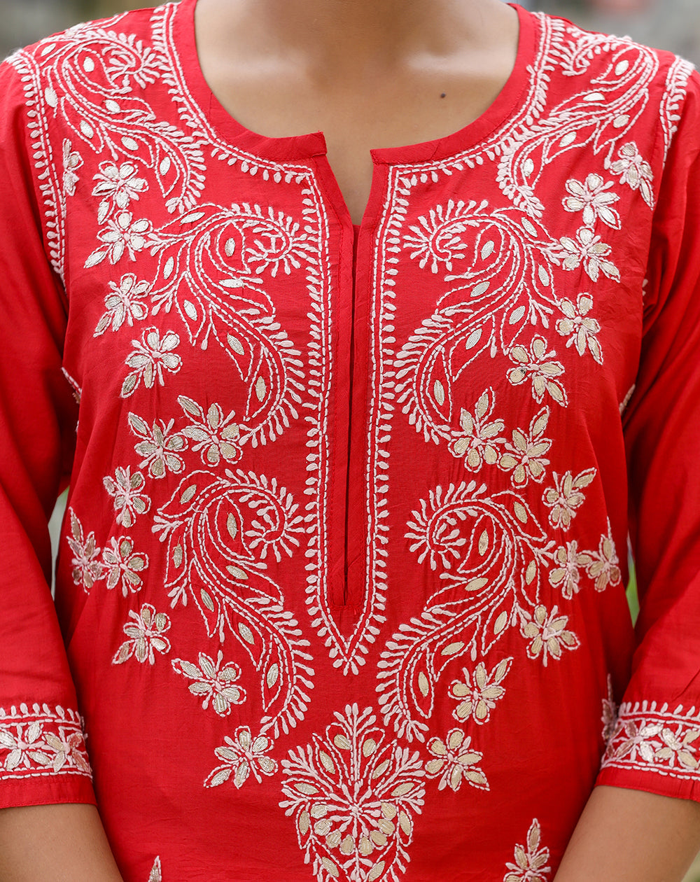 Kaajh Women's Red Chikhankari Embroidered Kurta Pant Set