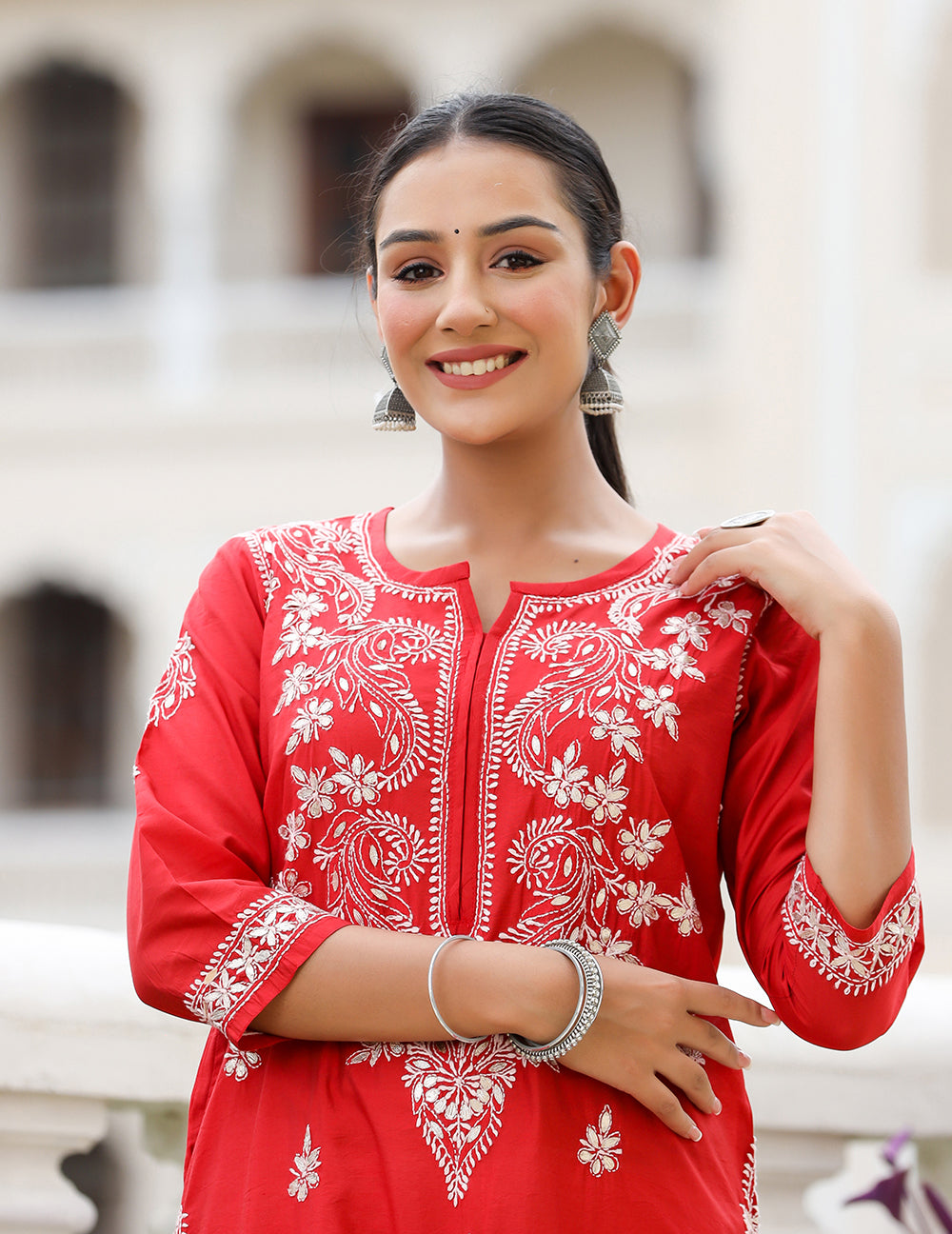 Kaajh Women's Red Chikhankari Embroidered Kurta Pant Set