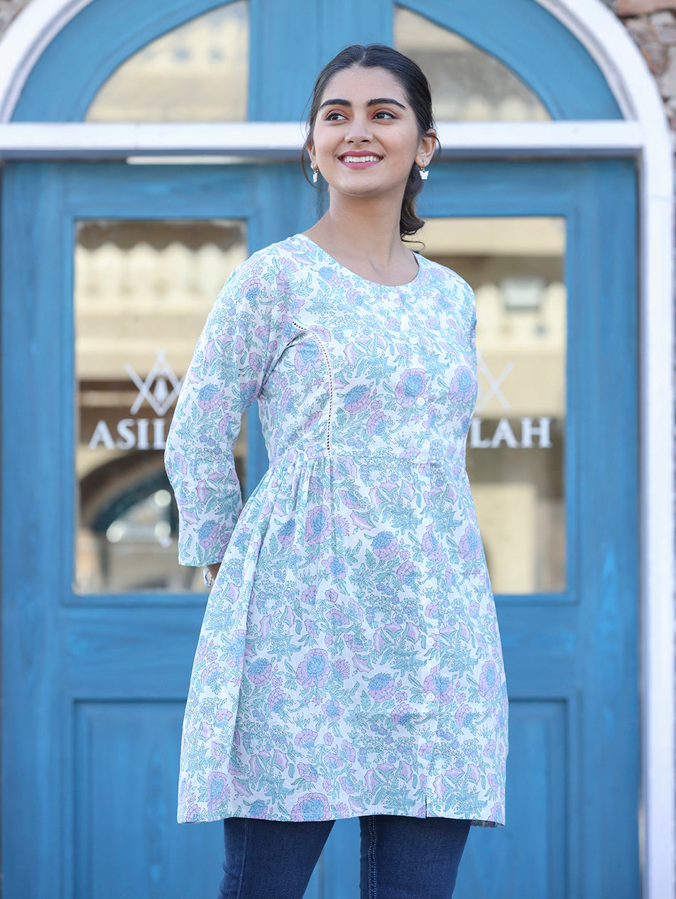 Kaajh White Floral Print Cotton Shirt Tunic