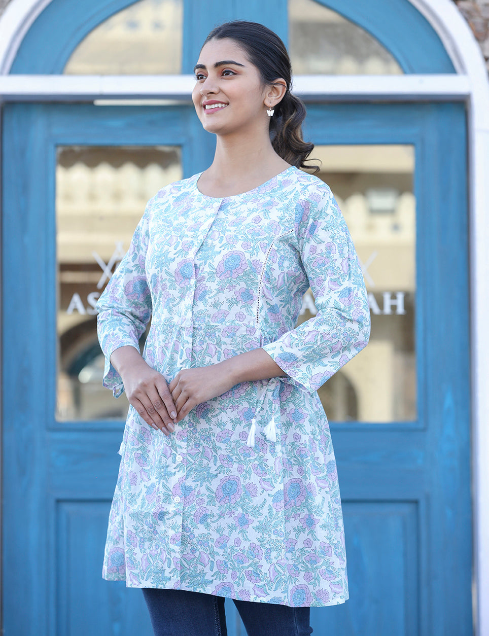 Kaajh White Floral Print Cotton Shirt Tunic