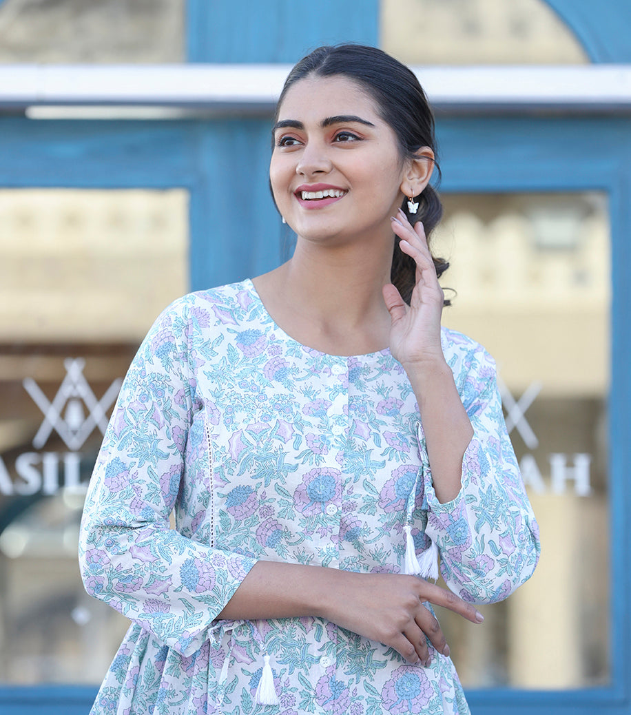 Kaajh White Floral Print Cotton Shirt Tunic