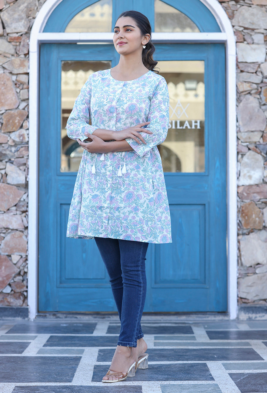 Kaajh White Floral Print Cotton Shirt Tunic