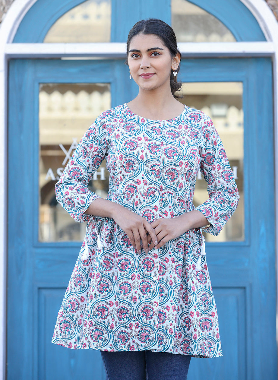 Kaajh White-Pink Floral Print Cotton Shirt Style Tunic