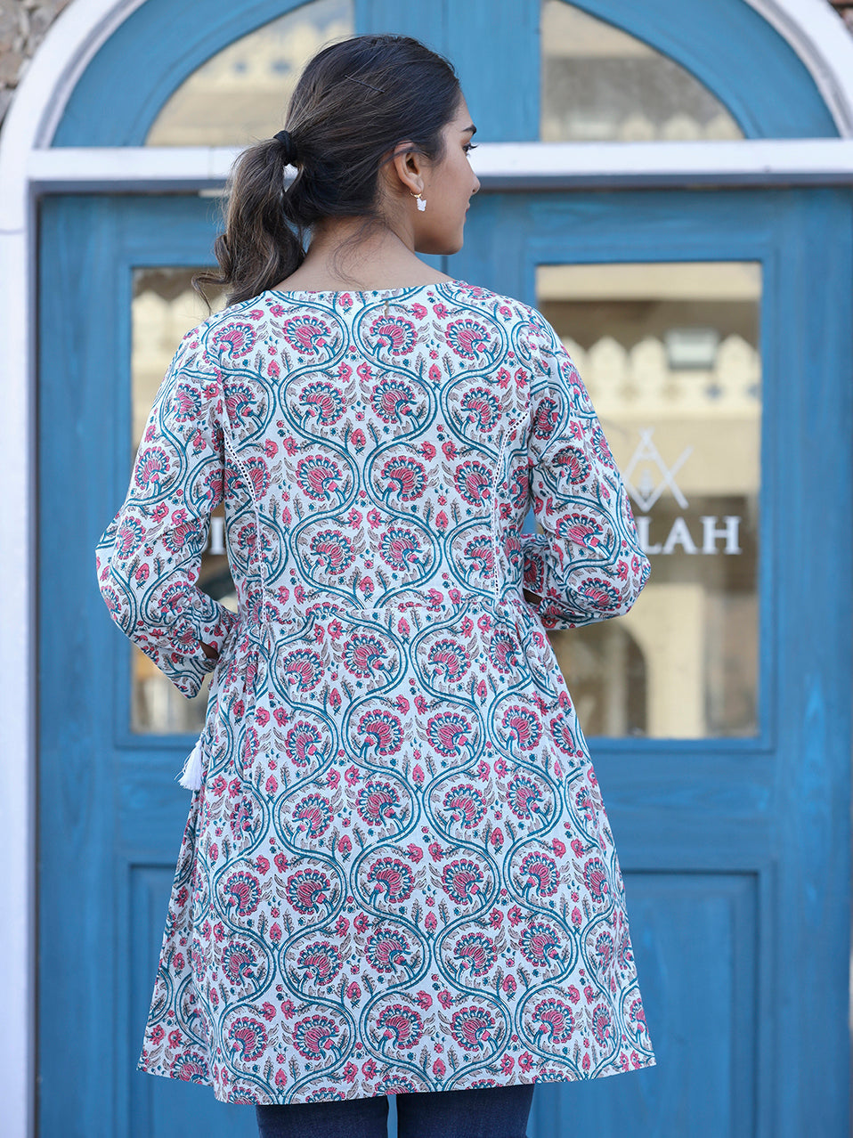 Kaajh White-Pink Floral Print Cotton Shirt Style Tunic