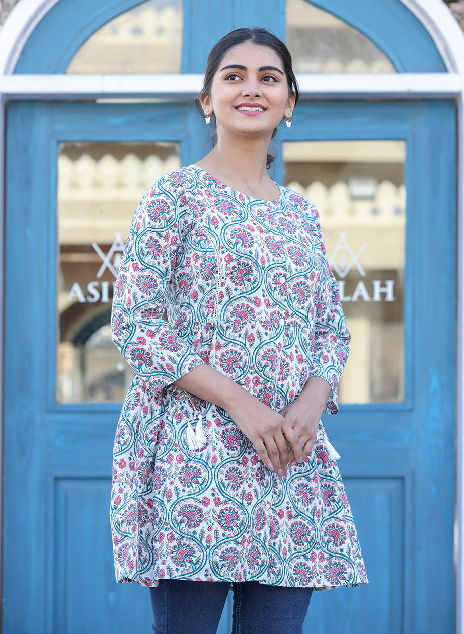 Kaajh White-Pink Floral Print Cotton Shirt Style Tunic