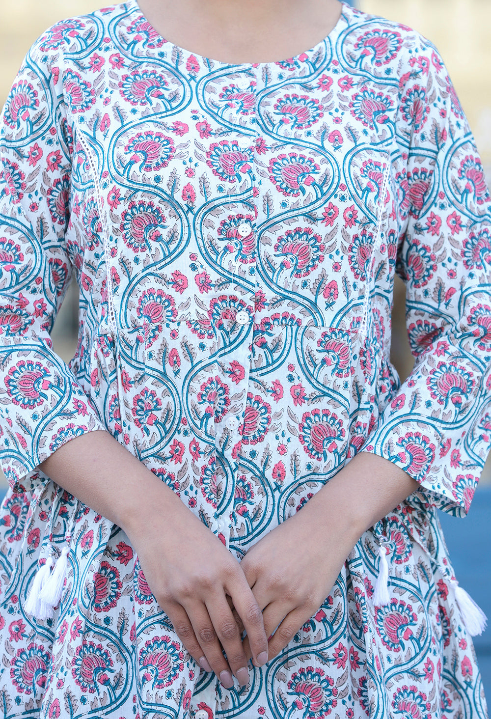 Kaajh White-Pink Floral Print Cotton Shirt Style Tunic