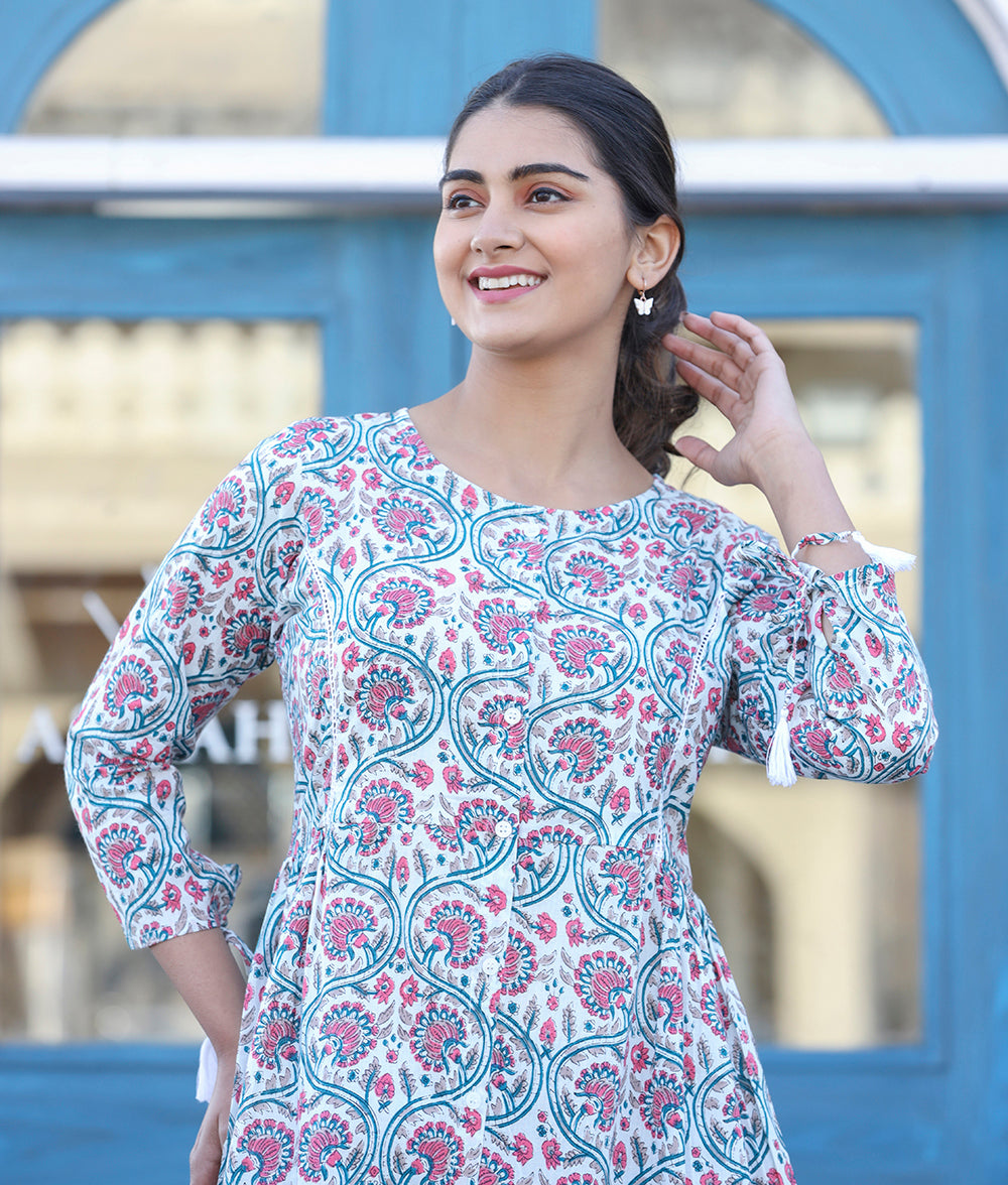 Kaajh White-Pink Floral Print Cotton Shirt Style Tunic