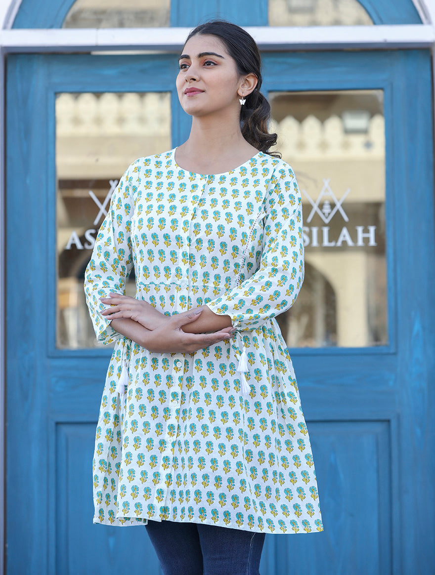 Kaajh White-Green Floral Print Cotton Shirt Style Tunic