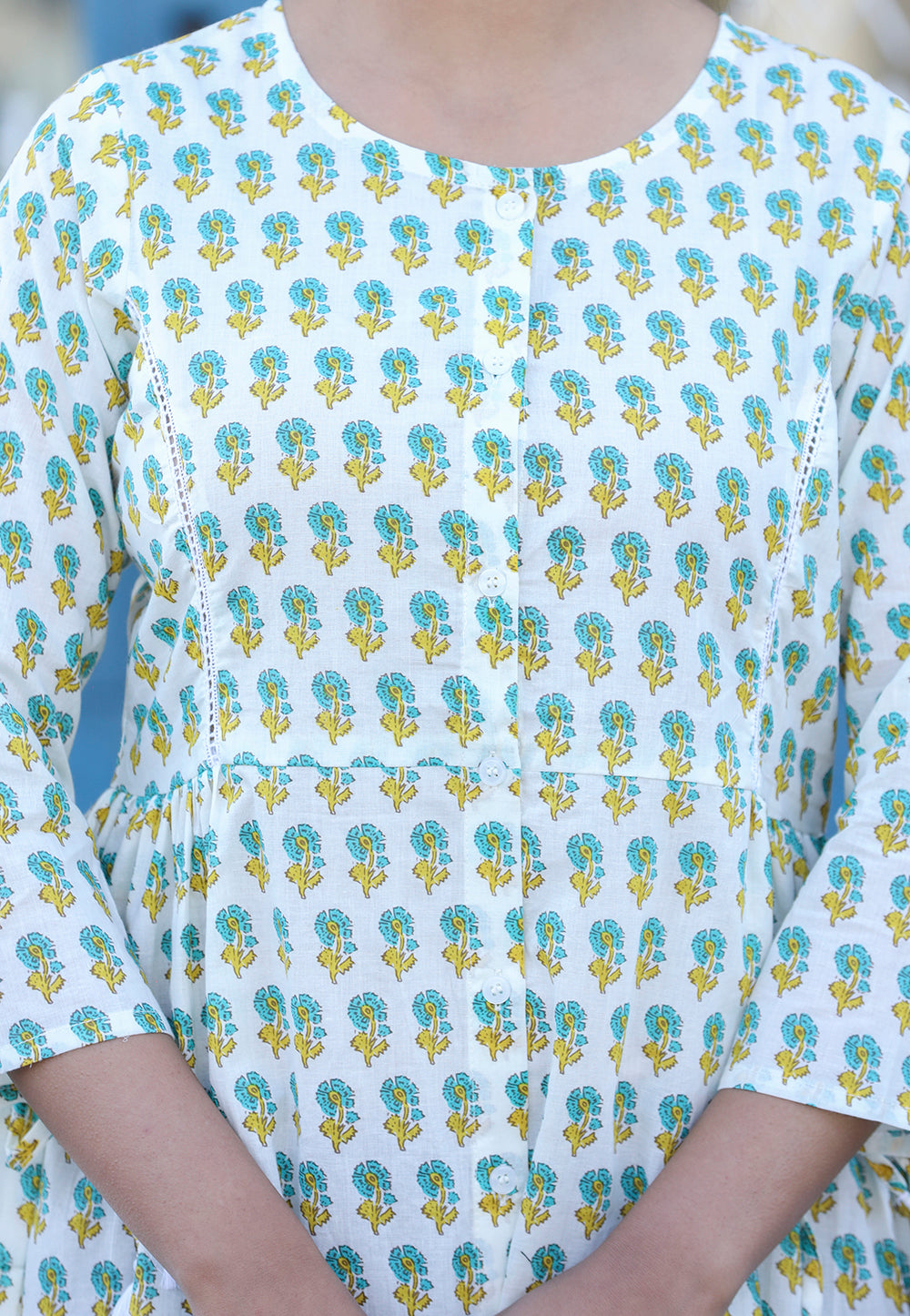 Kaajh White-Green Floral Print Cotton Shirt Style Tunic