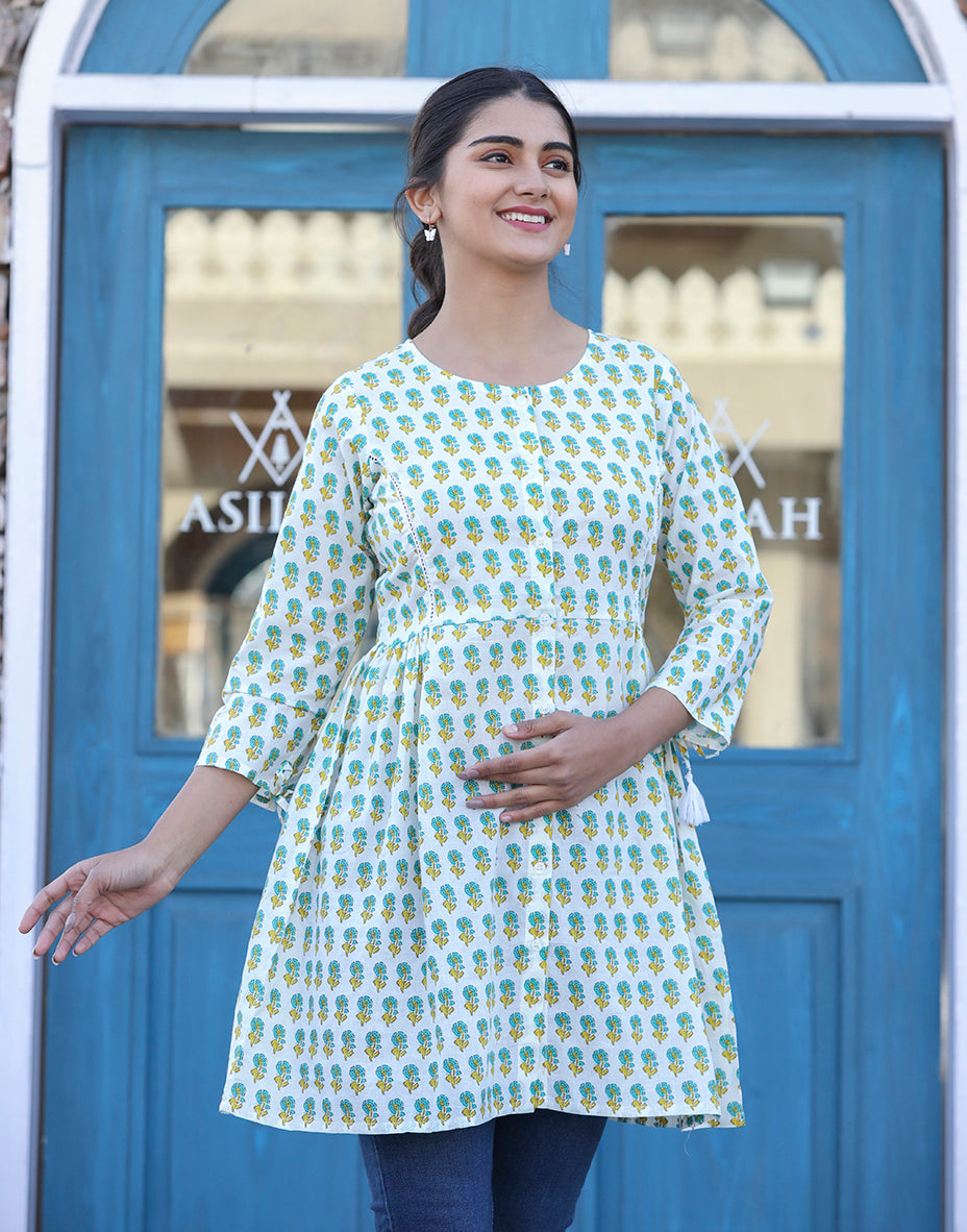 Kaajh White-Green Floral Print Cotton Shirt Style Tunic
