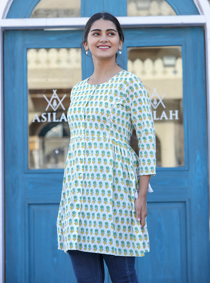 Kaajh White-Green Floral Print Cotton Shirt Style Tunic