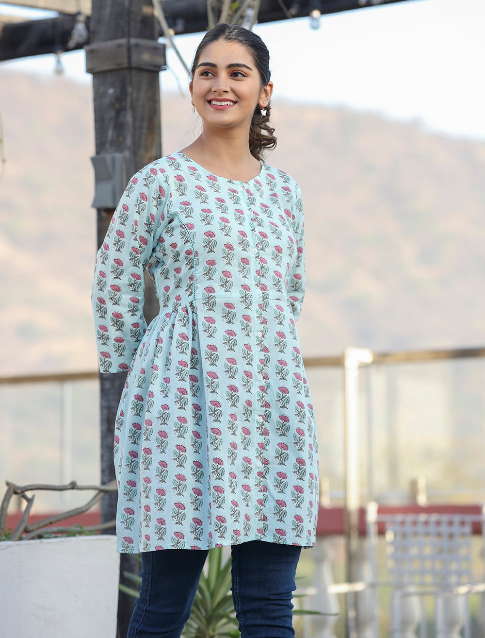 Kaajh Light Green Floral Print Cotton Shirt Style Tunic