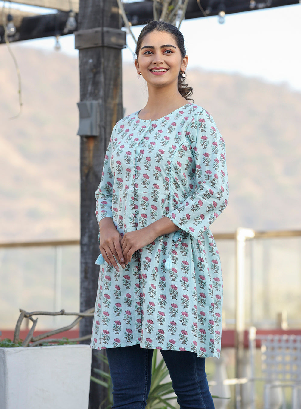Kaajh Light Green Floral Print Cotton Shirt Style Tunic