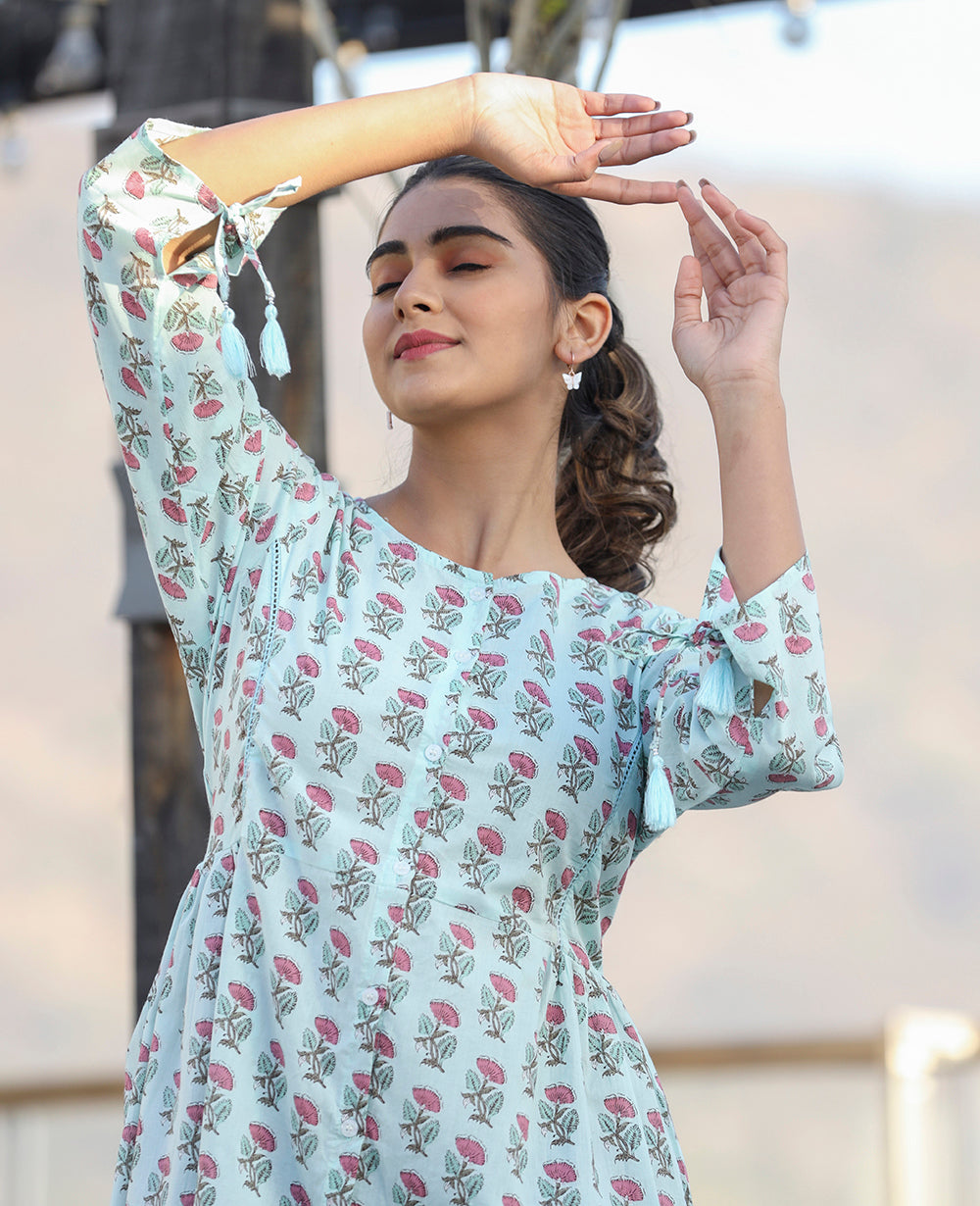 Kaajh Light Green Floral Print Cotton Shirt Style Tunic