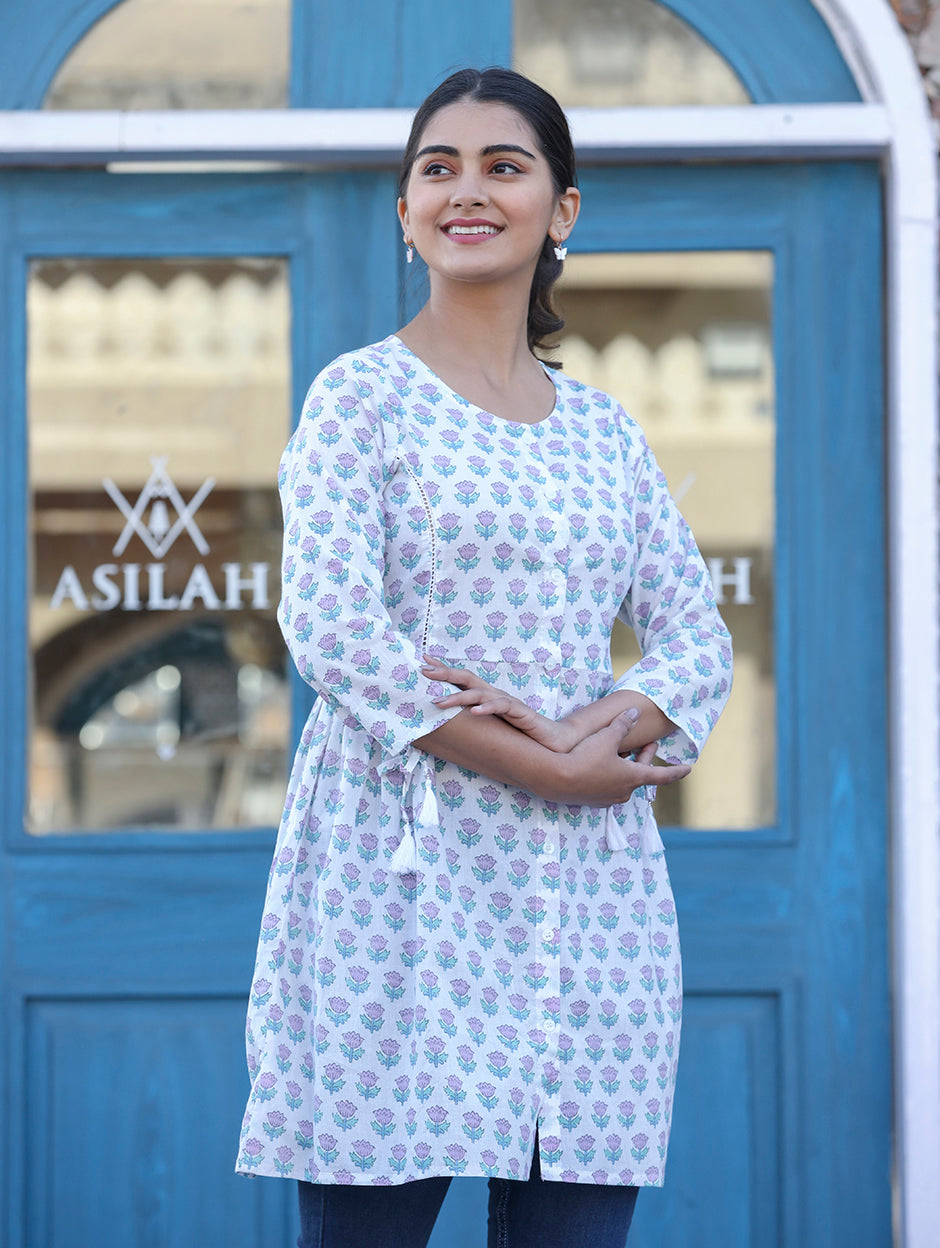 Kaajh White Floral Print Cotton Shirt Style Tunic