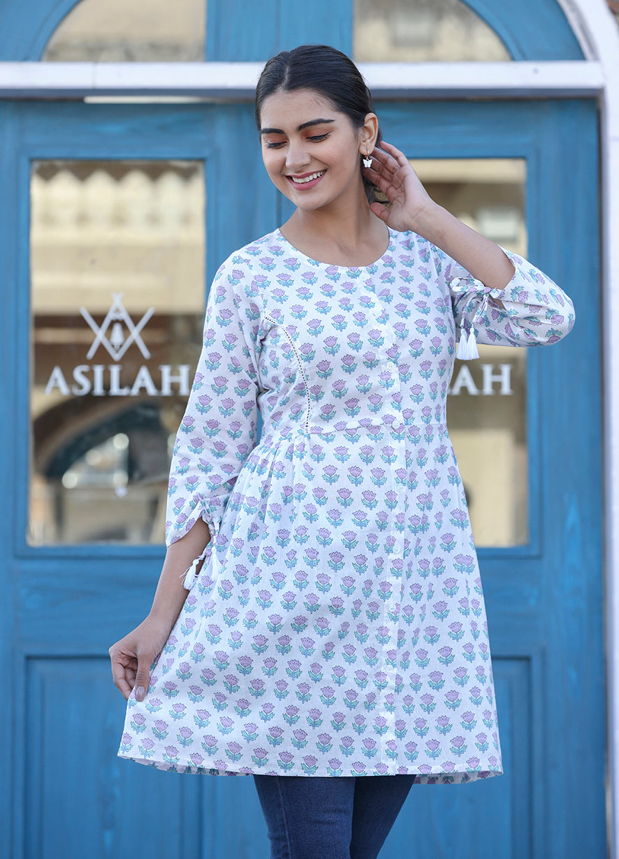 Kaajh White Floral Print Cotton Shirt Style Tunic