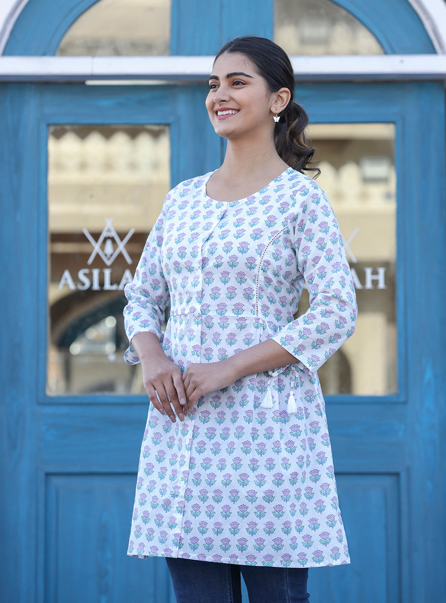 Kaajh White Floral Print Cotton Shirt Style Tunic