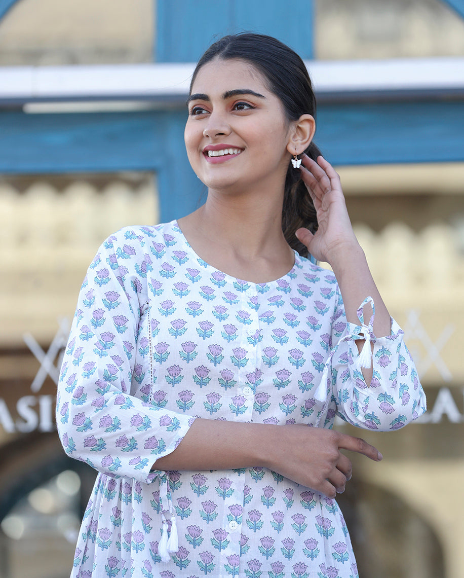Kaajh White Floral Print Cotton Shirt Style Tunic