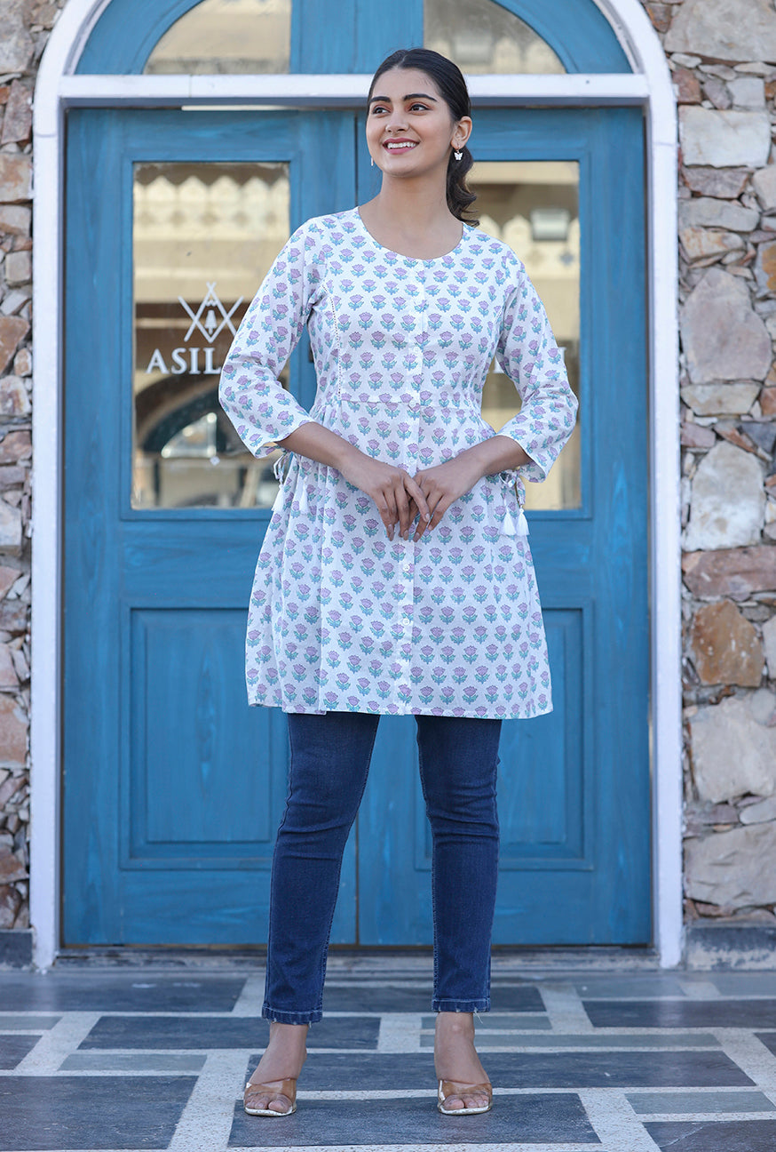 Kaajh White Floral Print Cotton Shirt Style Tunic