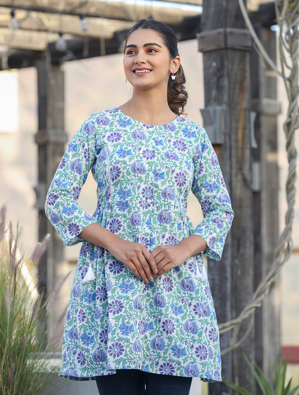 Kaajh White-Blue Floral Print Cotton Shirt Style Tunic