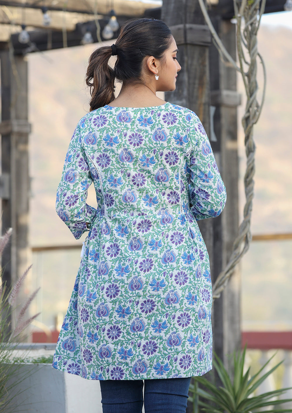 Kaajh White-Blue Floral Print Cotton Shirt Style Tunic