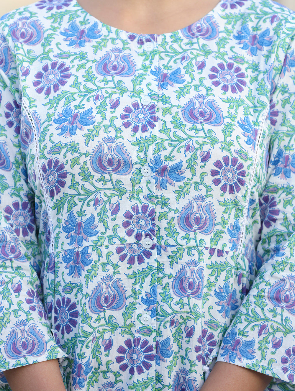 Kaajh White-Blue Floral Print Cotton Shirt Style Tunic