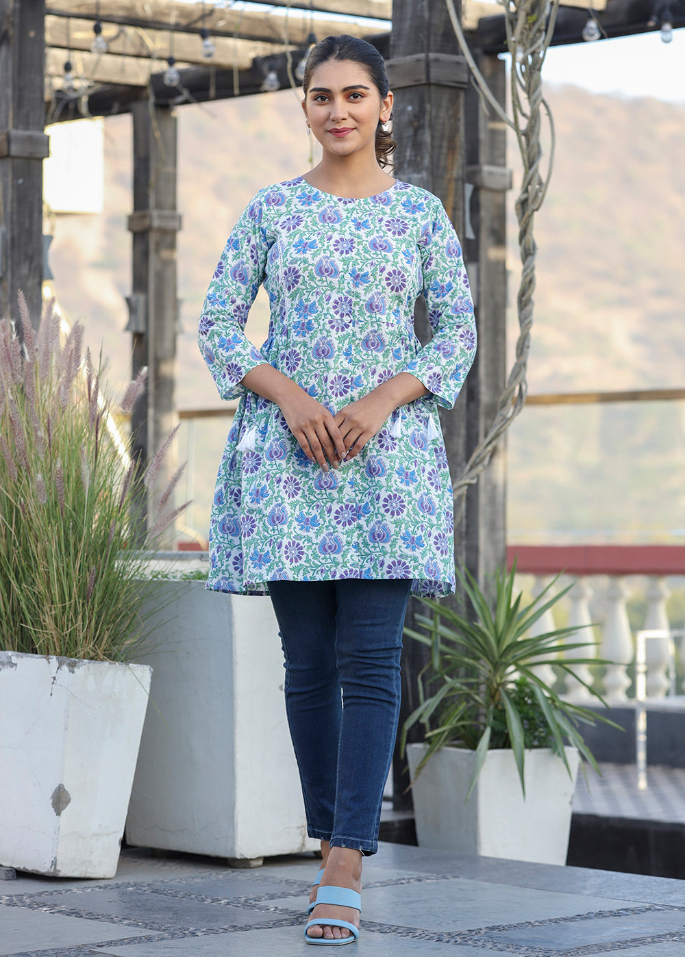 Kaajh White-Blue Floral Print Cotton Shirt Style Tunic