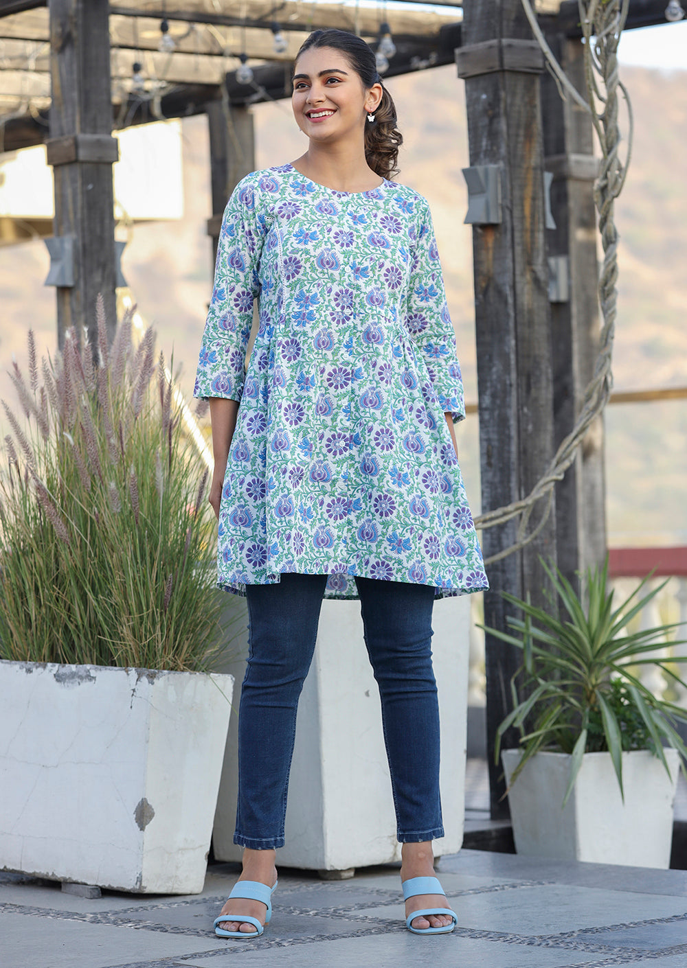 Kaajh White-Blue Floral Print Cotton Shirt Style Tunic