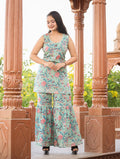 Kaajh Women's Turquoise Floral Printed Kurta With Sharara