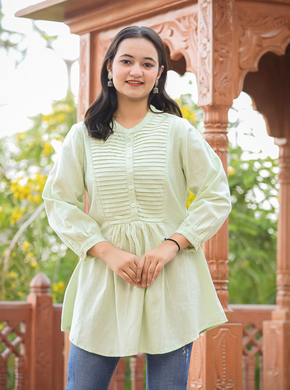 Kaajh Women's Pastel Green Cotton Tunic Top