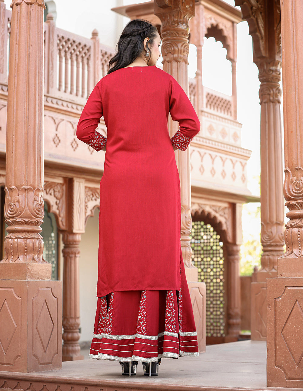 Kaajh Women's Red Rayon Embroidered Kurta Sharara Set With Dupatta