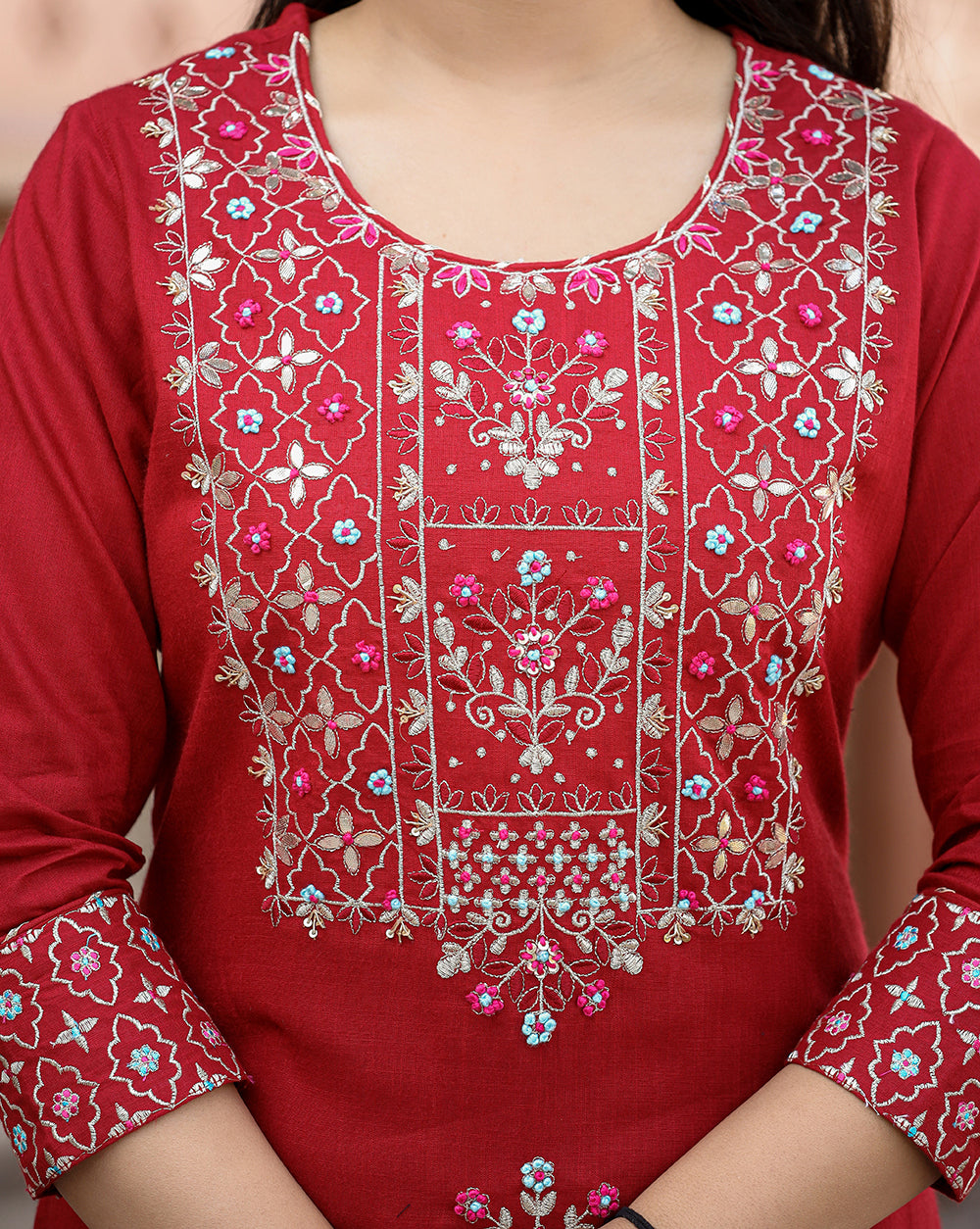Kaajh Women's Red Rayon Embroidered Kurta Sharara Set With Dupatta