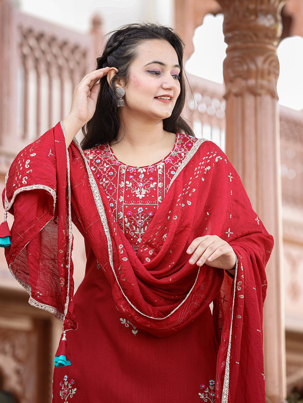 Kaajh Women's Red Rayon Embroidered Kurta Sharara Set With Dupatta