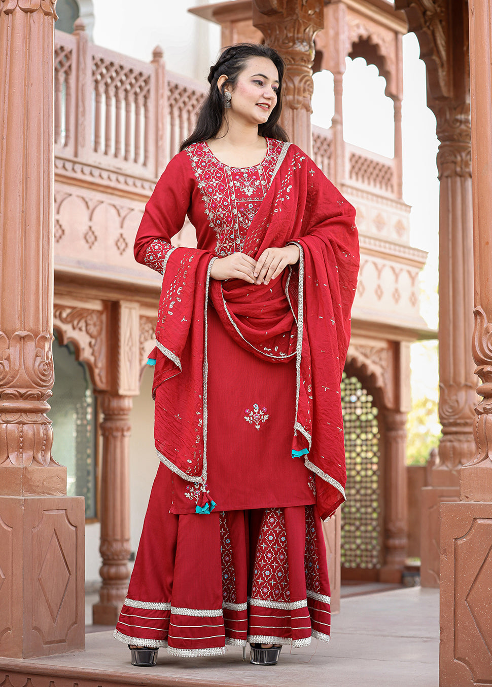 Kaajh Women's Red Rayon Embroidered Kurta Sharara Set With Dupatta