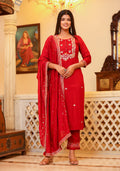 Kaajh Women's Red Rayon Embroidered Kurta Pant Set With Dupatta