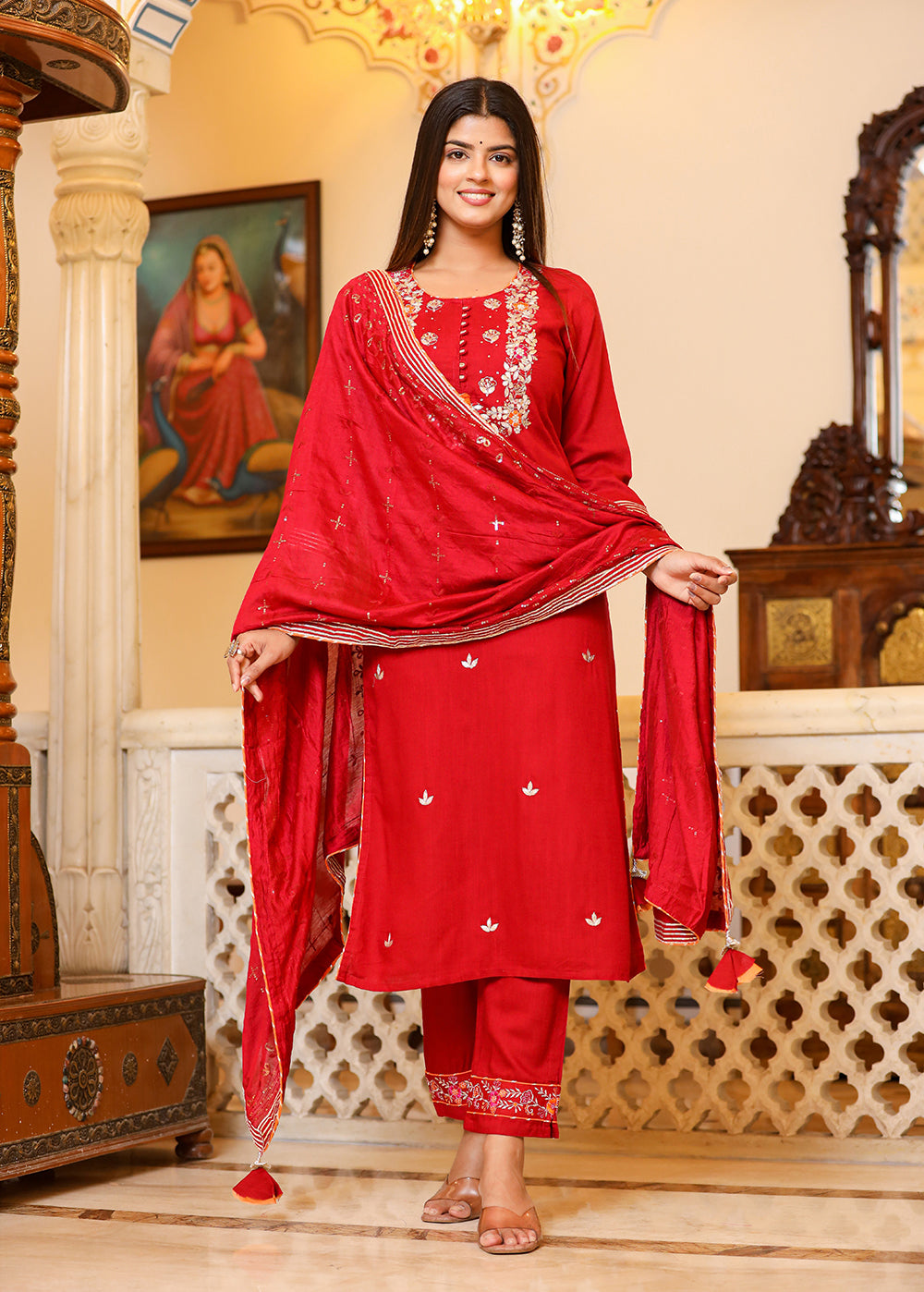 Kaajh Women's Red Rayon Embroidered Kurta Pant Set With Dupatta
