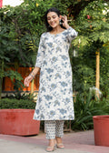 Kaajh Women's Grey Floral Print Cotton Kurta Pant Set