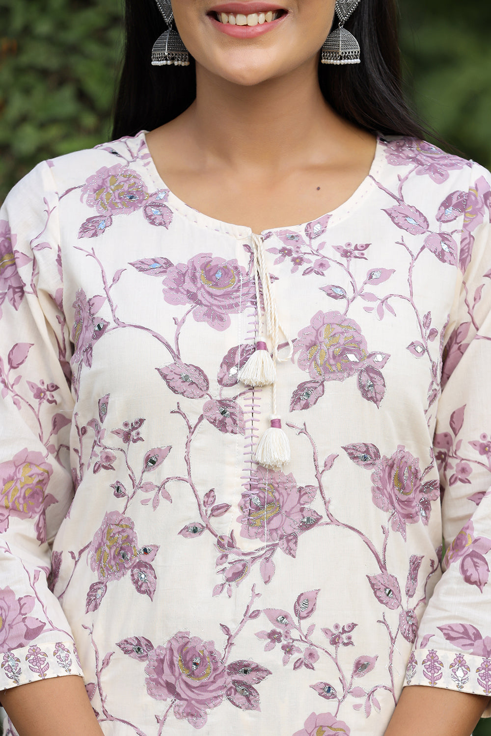 Kaajh Women's Light Purple Floral Print Cotton Kurta Pant Set With Dupatta