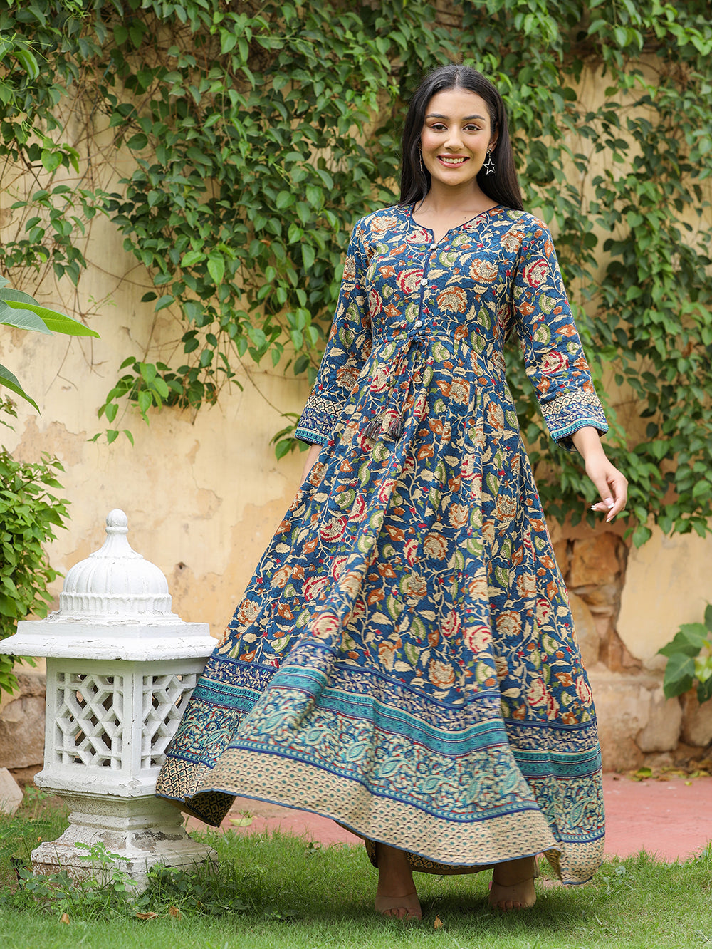 Kaajh Women's Blue Kalamkari Print Viscose Rayon Anarkali Dress