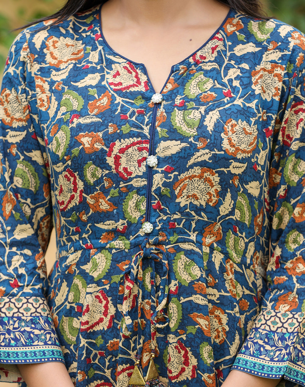 Kaajh Women's Blue Kalamkari Print Viscose Rayon Anarkali Dress