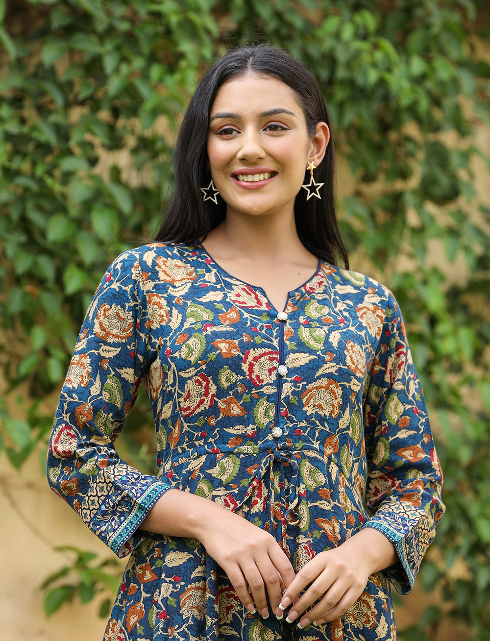Kaajh Women's Blue Kalamkari Print Viscose Rayon Anarkali Dress