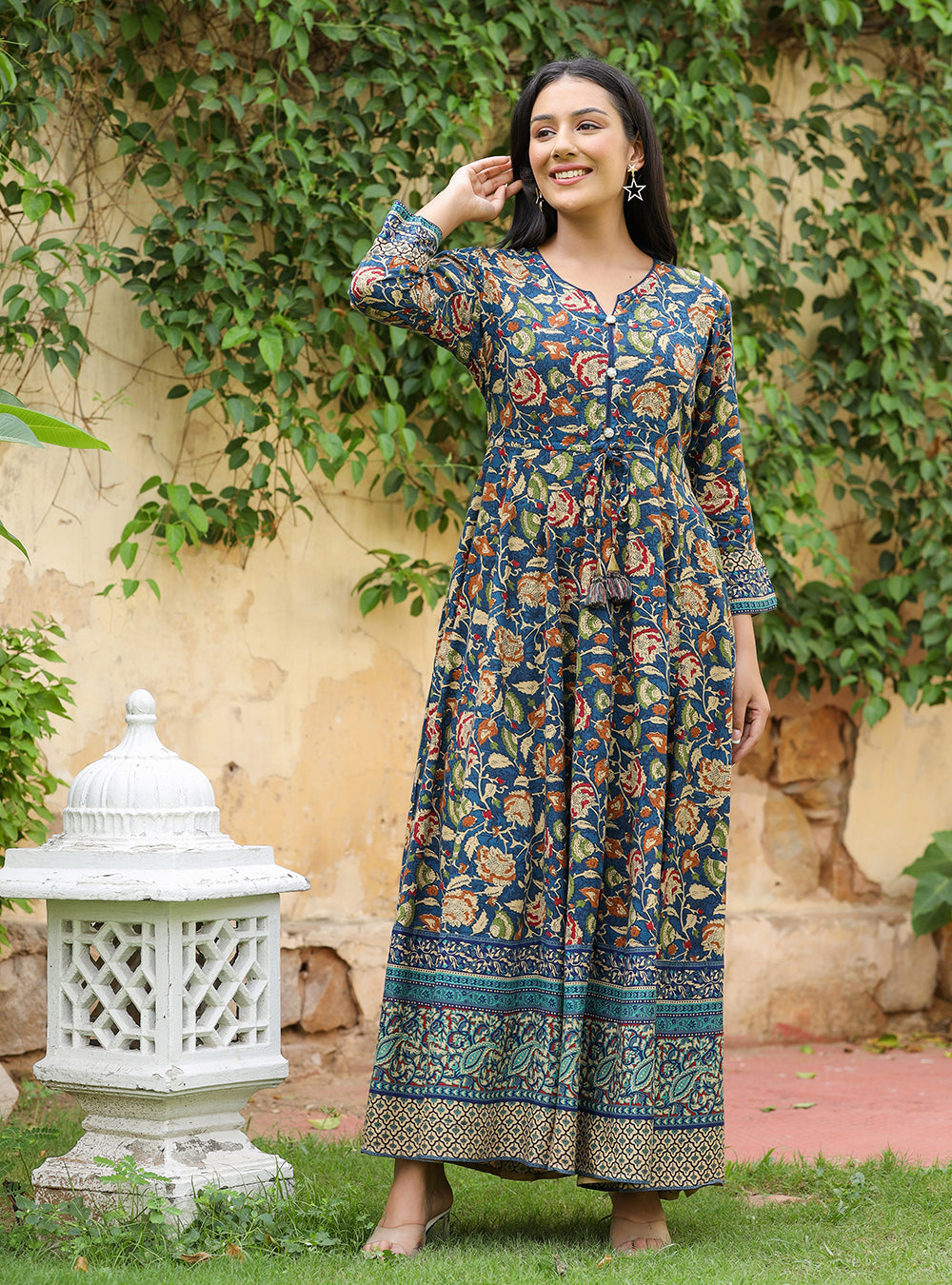 Kaajh Women's Blue Kalamkari Print Viscose Rayon Anarkali Dress