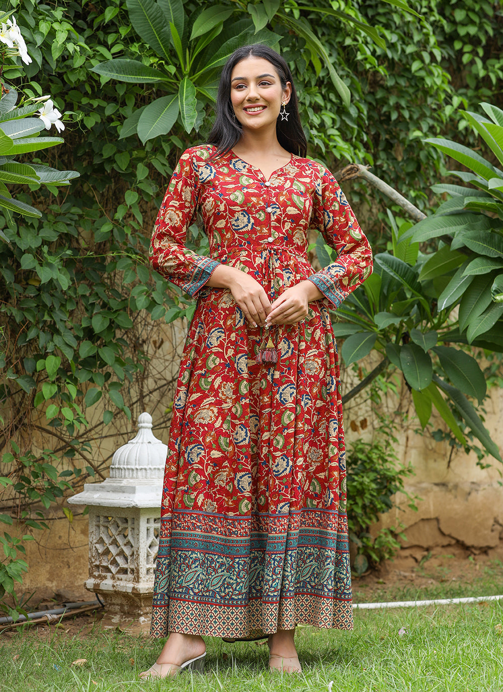 Kaajh Women's Maroon Kalamkari Print Viscose Rayon Anarkali Dress