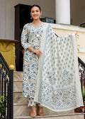 Kaajh Women's White Floral Printed Aaliya Cut Kurta Pant And Dupatta Set