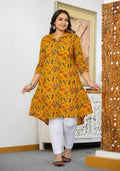 Kaajh Women's Yellow Floral Printed Plus Size Cotton Kurta