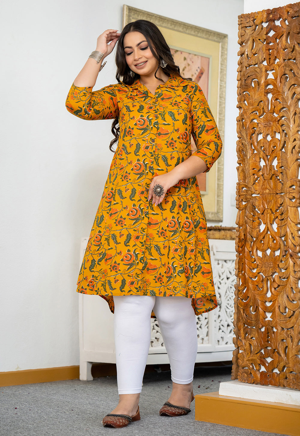 Kaajh Women's Yellow Floral Printed Plus Size Cotton Kurta