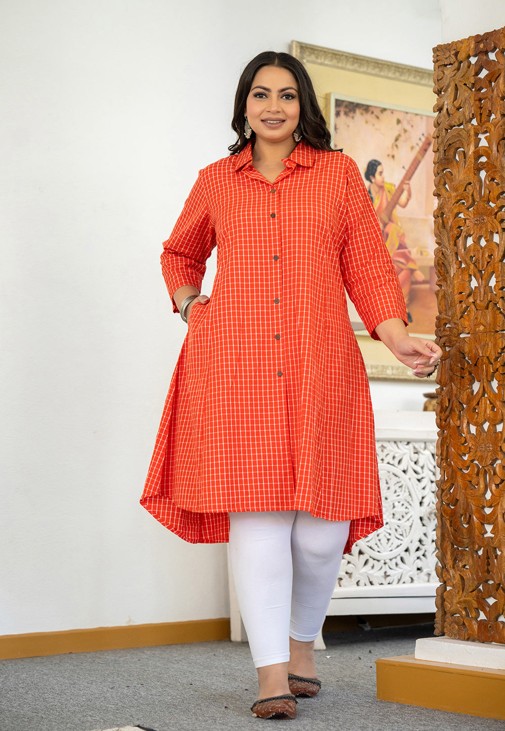 Kaajh Women's Red Check Print Plus Size Cotton Kurta